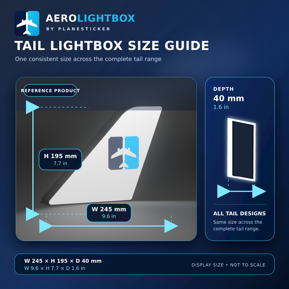 AeroLightBox tail lightbox size guide showing a width of 245 millimetres, height of 195 millimetres and depth of 40 millimetres