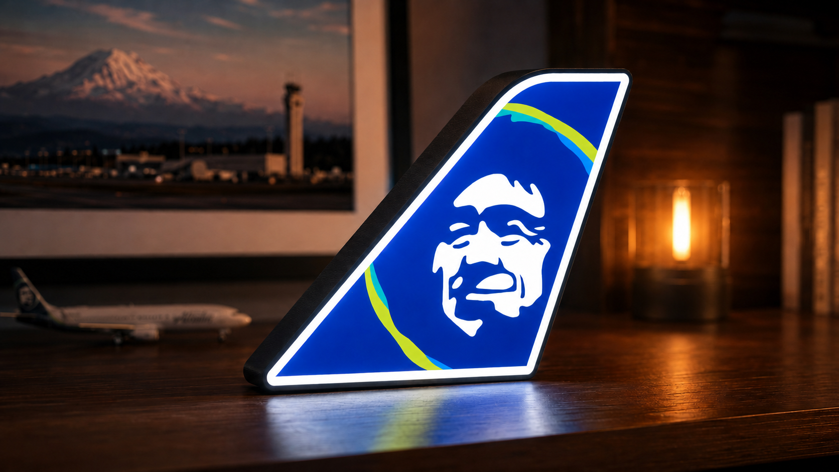 Alaska tail light displayed on a desk at night
